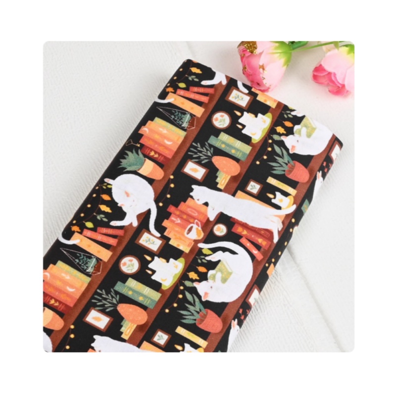 Half Yard Plain 100% Cotton Fabric With Japanese Bookrack Cat Print, Handmade DIY Garment Dress Sewing Tissue CR-1360-image-1076093082