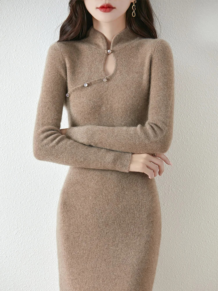 Chinese Style Wool Dress Women Pullover Sweater 100 Merino Wool Knitwear Slim Elegant Retro Skirts Autumn Winter Soft Cashmere 250920