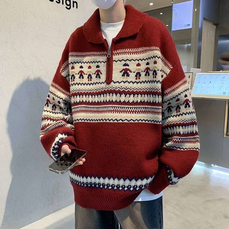 Christmas 2024 New Year Striped Christmas Sweaters Men Lapel Zipper Pullover Women Autumn Winter Loose Niche Couple Knitted Sweater Coat