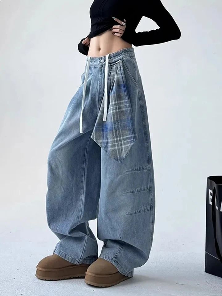 Vintage Streetwear Women Jeans Plaid Square Scarf Patchwork Wide Leg Denim Pants Loose Street Dance Lace Up High Waist Trouser 250920