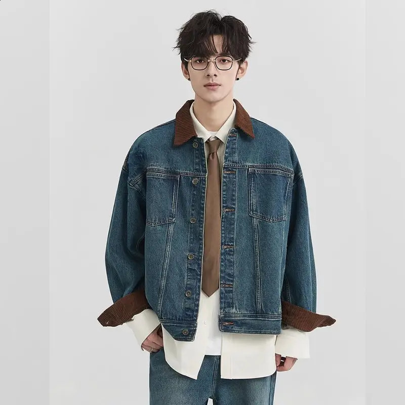 Autumn spliced jacket highend retro washed button denim jacket mens contrasting color lapel trendy brown lapel jeans coat 250920