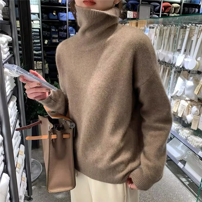 Turtleneck cashmere sweater female autumn winter languorous lazy wind loose knitting sweater Korean edition outside wear thi 250920