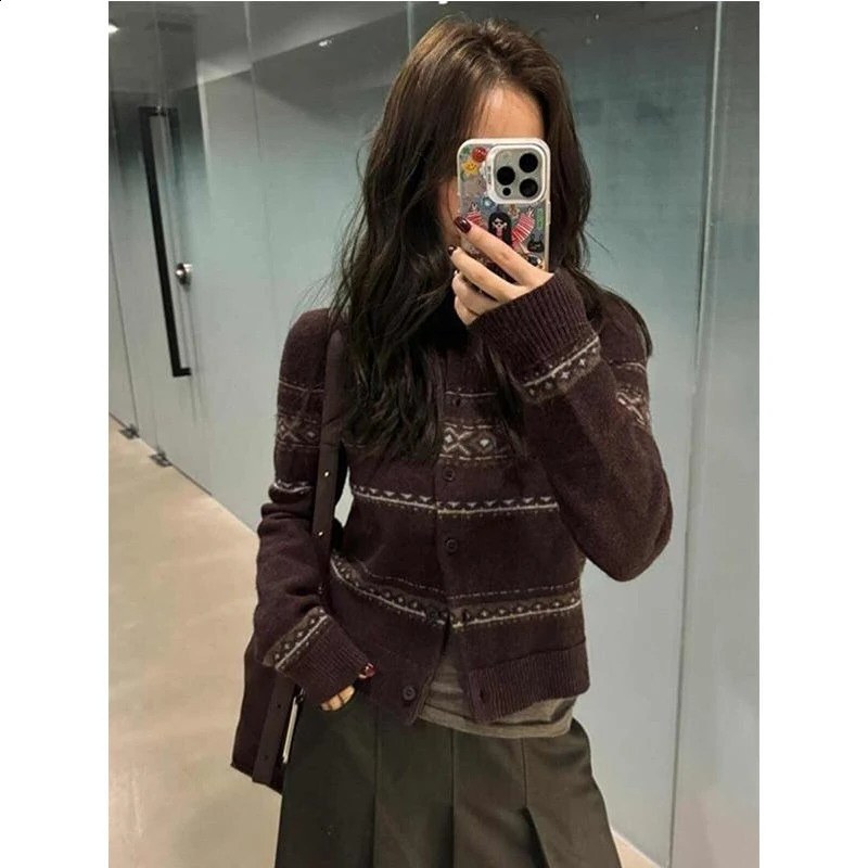 Deeptown Korean Style Knitted Cardigan Vintage Brown Long Sleeve Sweaters Autumn Winter Retro Streetwear Cardigans Aesthetics 250920