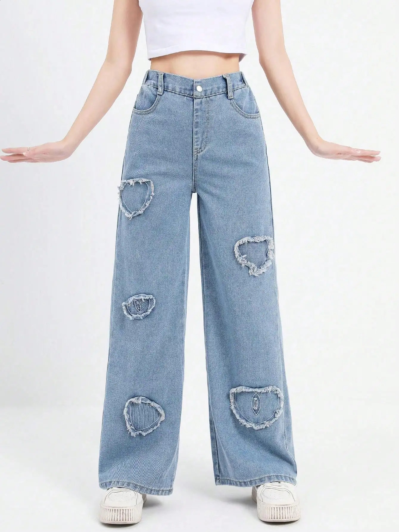 Adolescents pantalons en jean patchwork élégant bleu clair lavé jean linéaire décontracté.