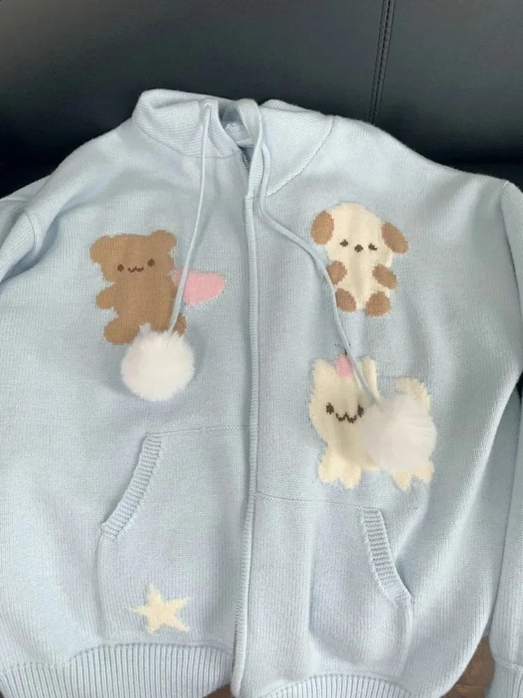 Kawaii Little Bear Hooded Zipper Sweaters 2025 Autumn Thicked Knitted Tops Women Y2k E Long Sleeve Cardigan Coats 250920