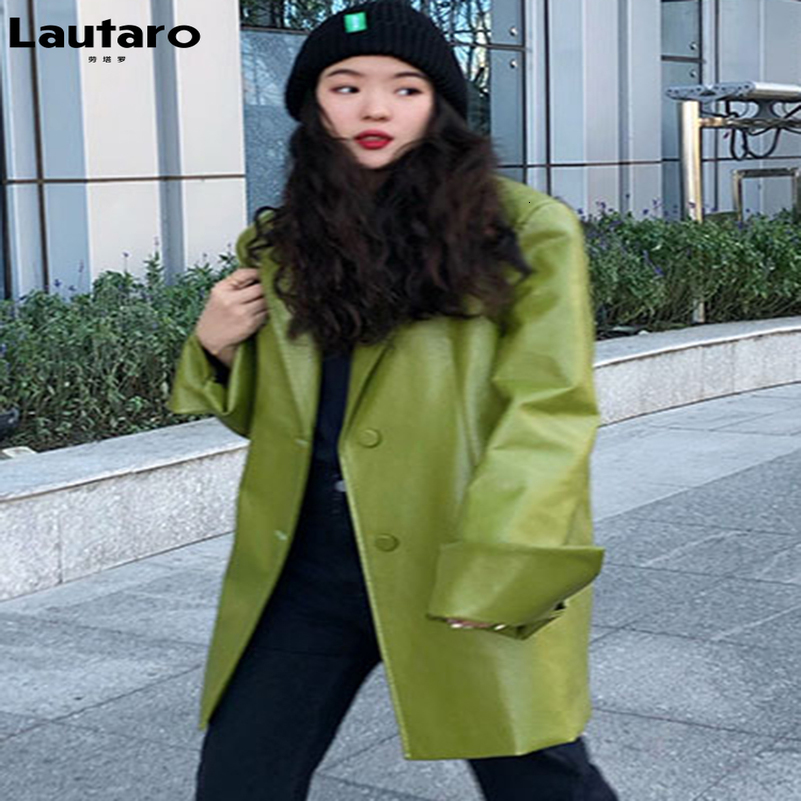 Lautaro Autumn Avocado Green Oversized PU Leather Blazer Long Sleeve Lapel Single Breasted Loose Korean Fashion Y2K Jacket 250920BJ