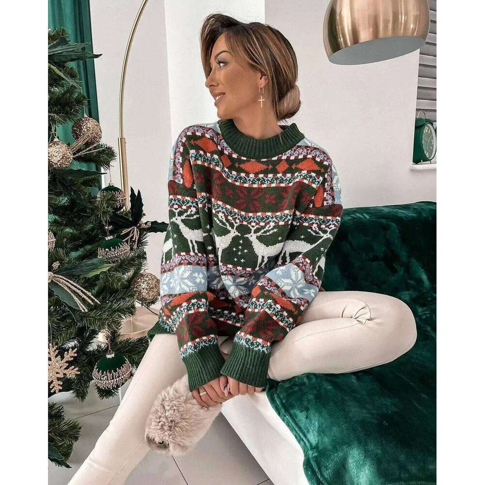 Noël Y2k Style Femmes Pull de Noël Plein de Noël Loose Full Sleeve O Couc Tricotwear surdimensionné Jumper Femelle Jacquard Pullover
