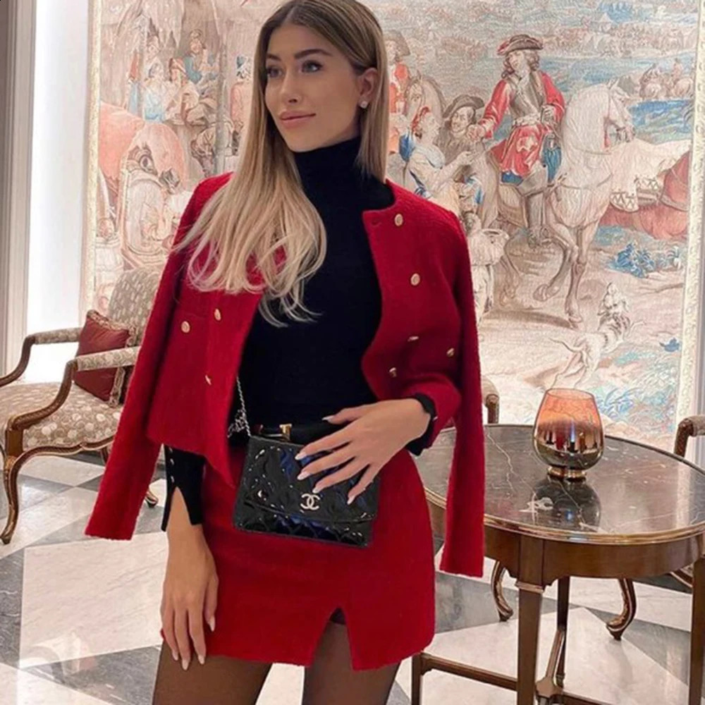 xikom Tweed Two pieces set Women red Vintage O Neck Long Sleeve Office Lady slim Blazer Coat Female Hight Waist skirt suit 250920