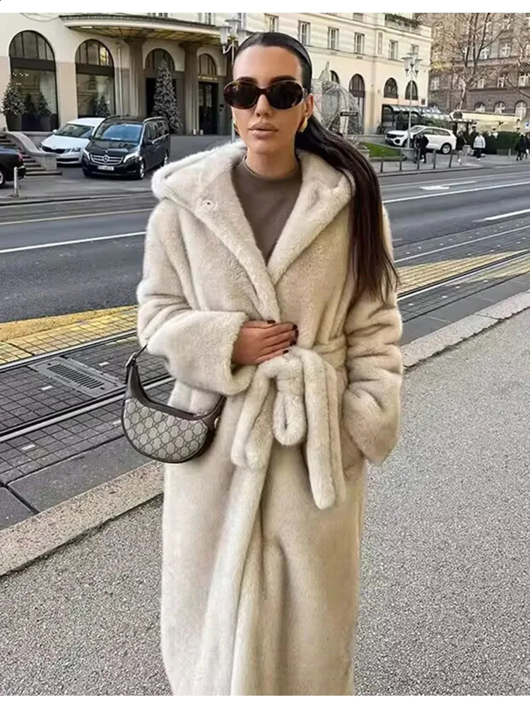 ZADORIN Long Mink Coat Woman Fashion Hooded Belted Fluffy Faux Fur Jacket Woman Clothes Ladies Winter Coats and Jackets 250920