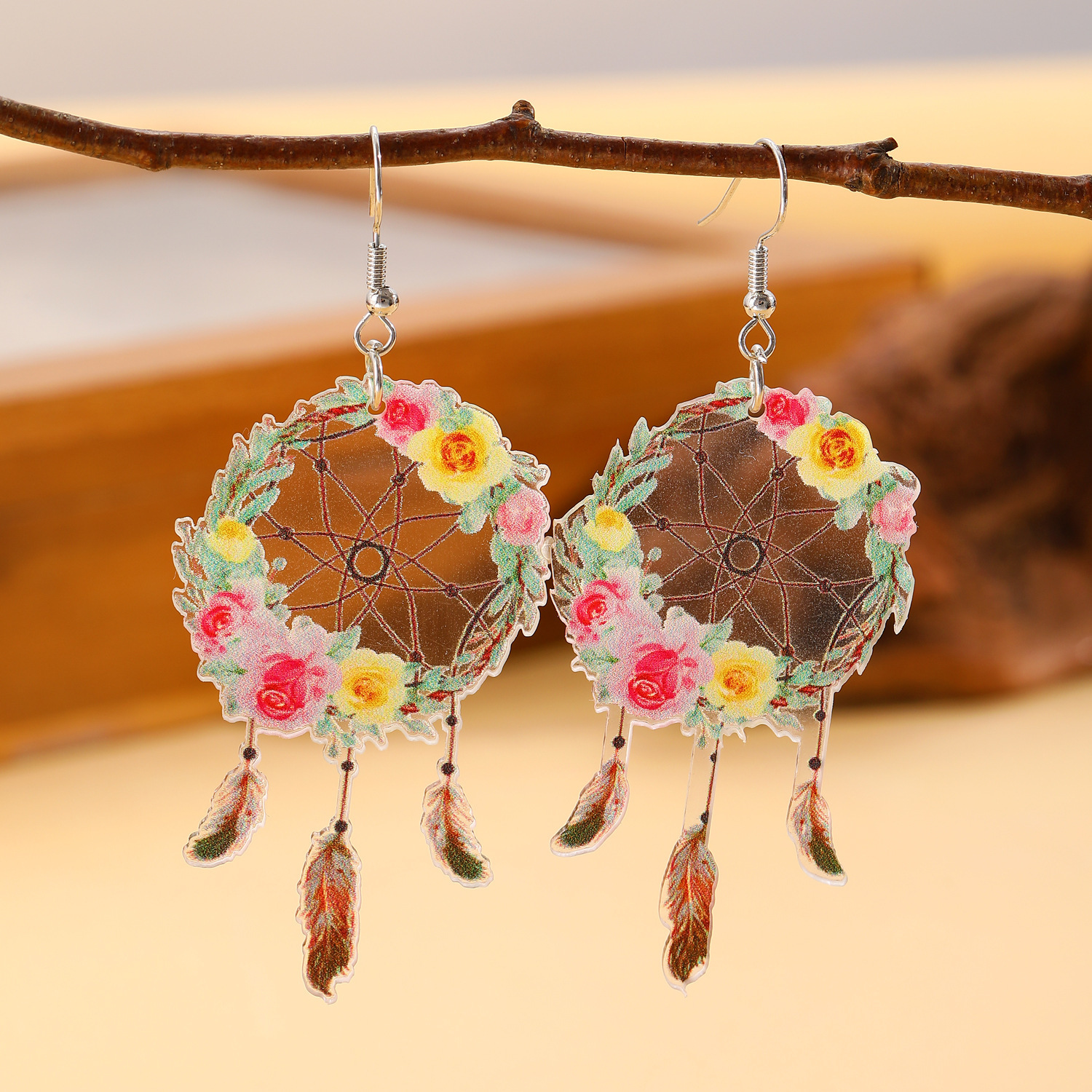 Boucles d'oreilles en acrylique attrape-rêves en forme de fleur et de plumes de Style ethnique bohème pour femmes