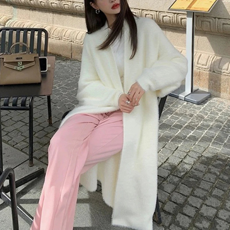 Fashion Fluffy White Long Cardigans Women Autumn Winter Long Sleeve Loose Knitting Cardigan Woman Comfy Soft Solid Cardigan Coat 250920