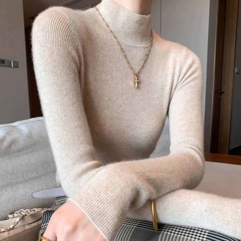 2025 Womens Slim Fit Long Sleeve Base Pullover Knitted Solid Color Turtleneck Sweater French Versatile Autumn Winter Warm Tops 250920