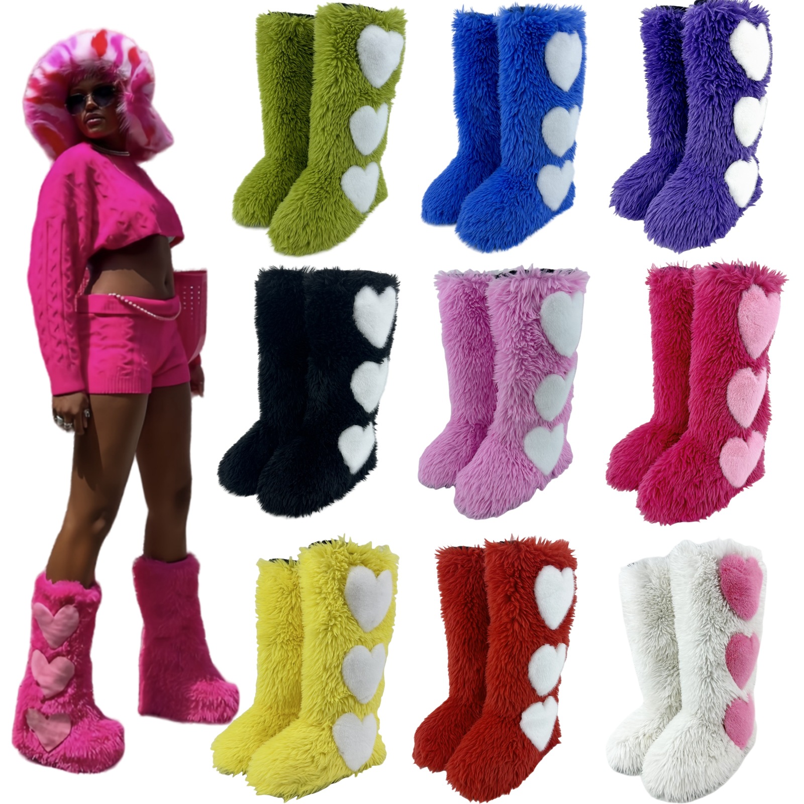 Bottes à tube long à fond à bas à fond plat pour les femmes avec du velours épais, des bottes de neige du cœur imperméables et chaudes pour les f