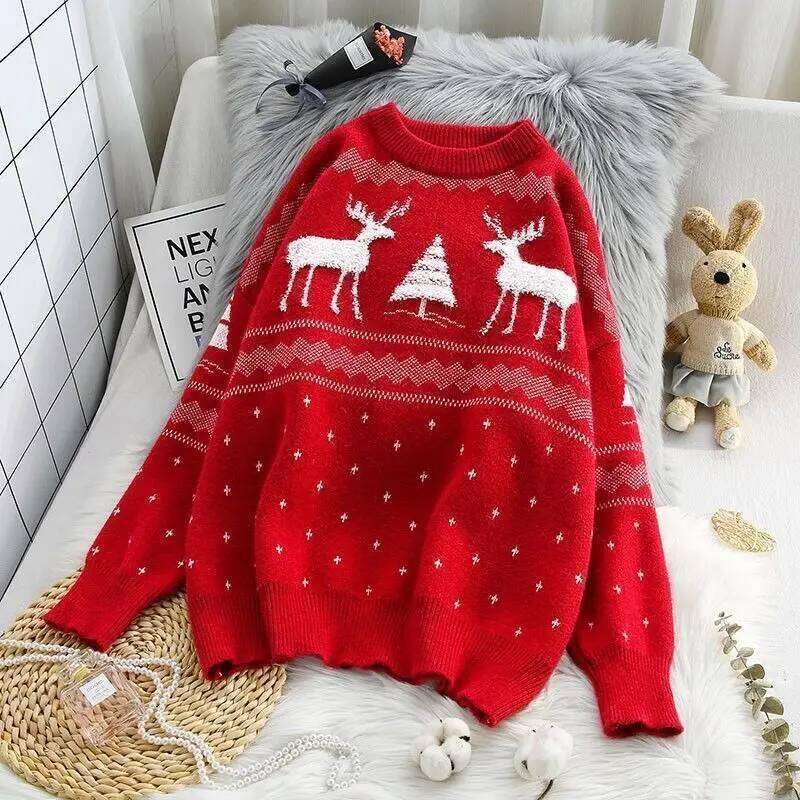 Christmas Women Clothing Christmas Fawn Red Sweater Autumn Winter Casual Loose O-Neck Long Sleeve Pullovers Sweet All-Match Thickening Top