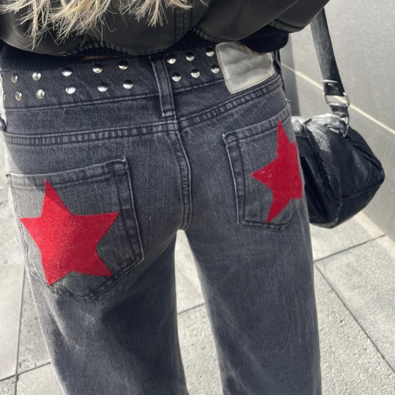 Women Y2K Vintage Jeans Patchwork Leopard Star Pattern Metal Rivet Jeans Female Baggy Casual Straight Leg Denim Pants Clothing 250920
