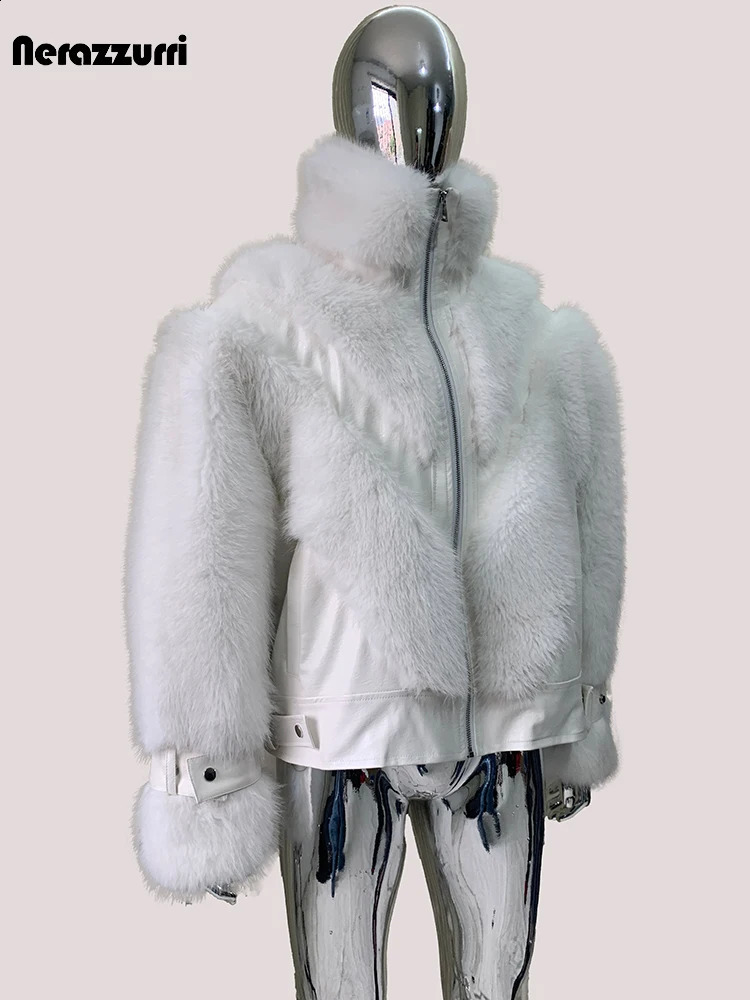 Mauroicardi Autumn Winter Cool Handsome Short Warm White Pu Leather Patchwork Faux Fur Coat Men Fluffy Jacket 250920