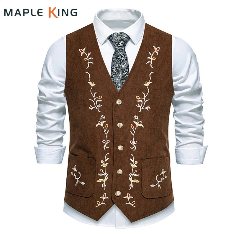 Gilet en velours côtelé occidental pour hommes gothique gothique broderie florale chaleco vintage hombre steampunk victorien robe hommes veste 25