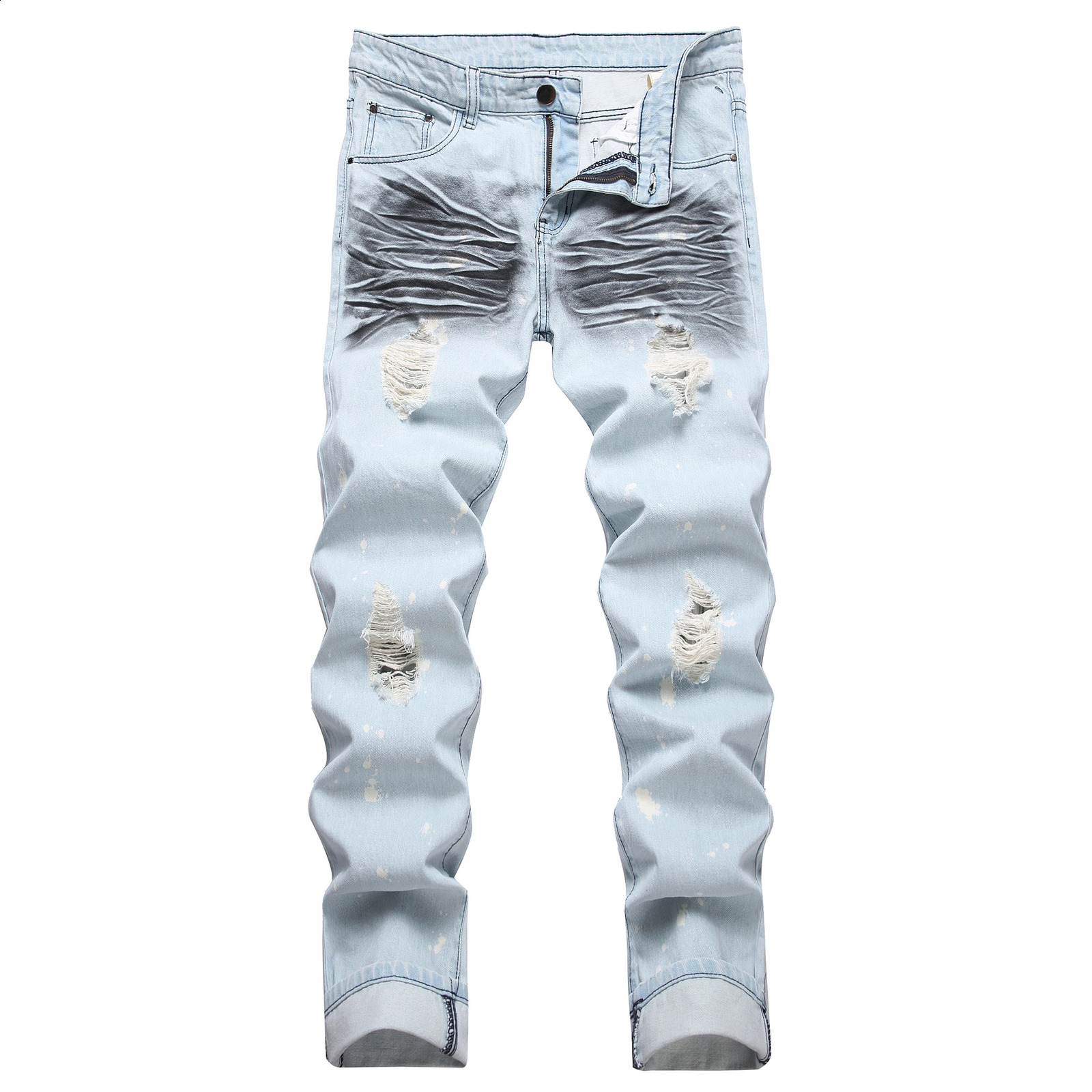 Mens Classic Cat Whisker Folded and Distressed Jeans Light Blue Slim Fit Ripped Jeans 5071 250920