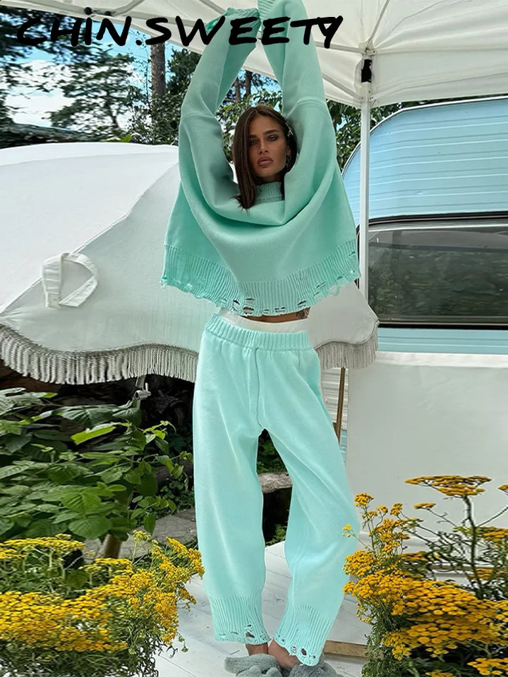 Pull oversize décontracté en trin semets Femmes sur les manches longues en détresse en détresse Pantalons à revers à un pantalon de chic d'automn
