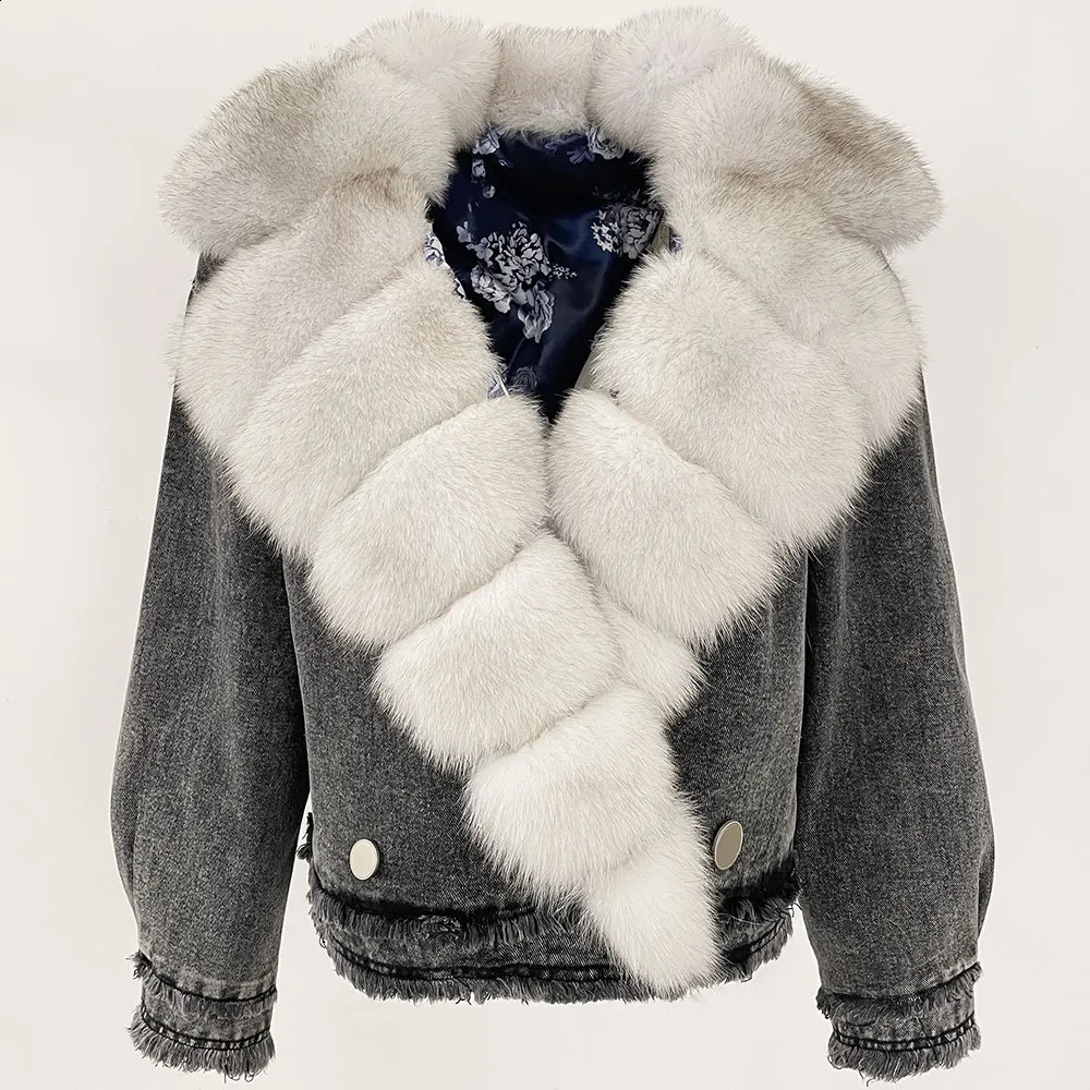 MENINA 2025 Winter Jacket Women Natural Fox Fur Denim Jacket Female Short Warm Real Fur Streetwear Fashion Clothing 250920