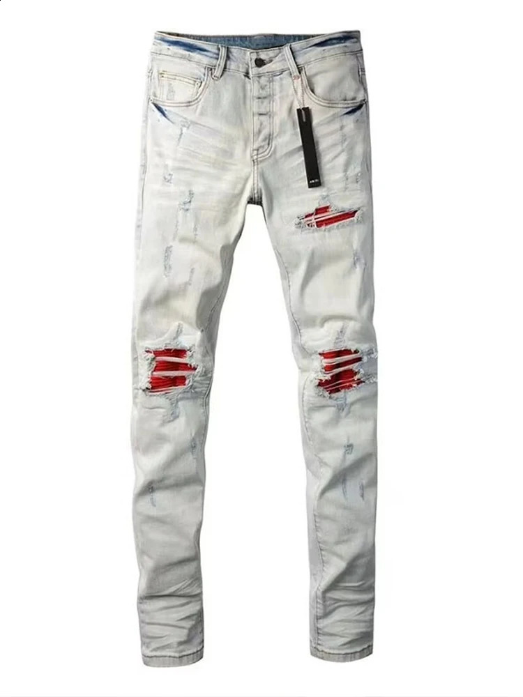 High Street Mens Vintage Jeans American Streetwear Elastic Slimfit Jeans with Ripped Patches Style Vintage Long Trousers 250920