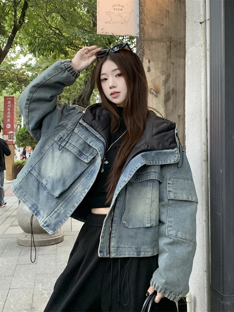 Hiver Down Cotton Linner Denim veste Femmes Vaches d'extérieur Labré Vintage Blue Hooded Big Pocket Pocketwears Femme 250920
