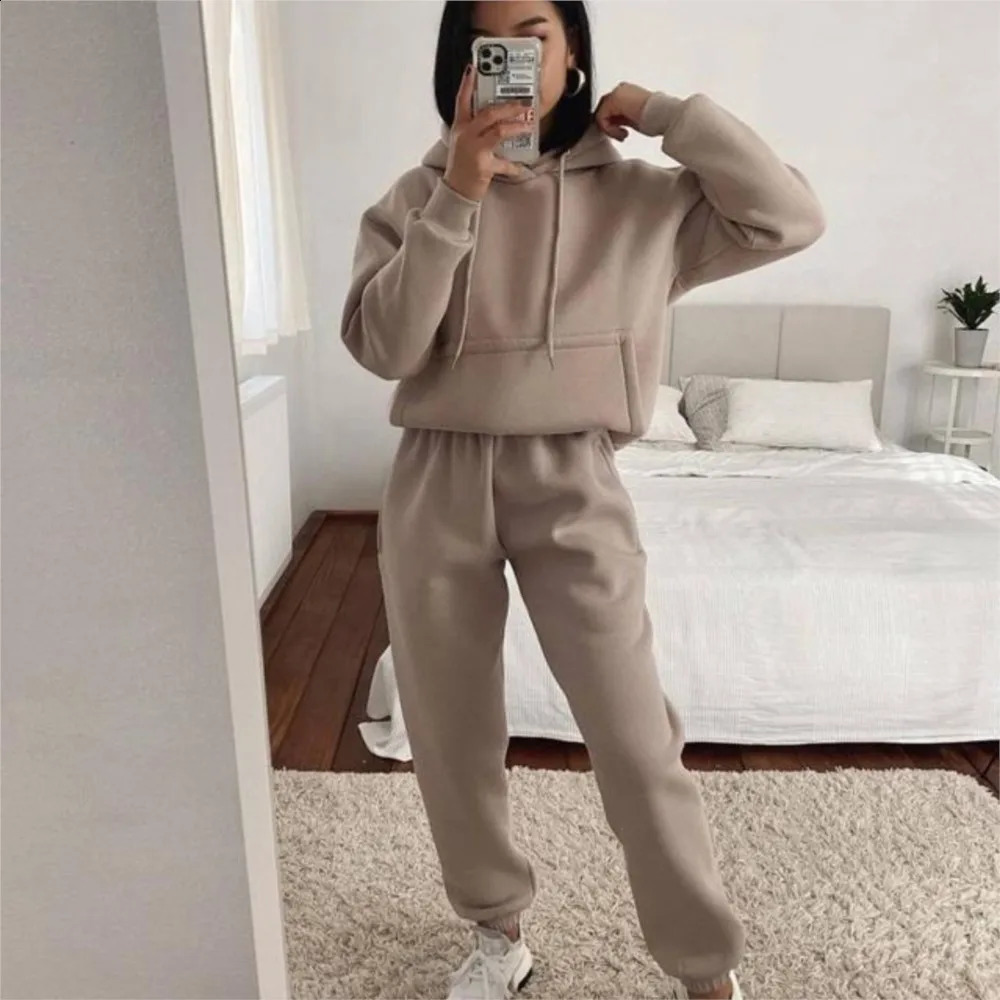 Womens Pocket Longsleeved Hooded Sweatshirt Casual Set Autumn Winter Solid Color Loose Sport Long Pants 2 Piece Set Female 250917
