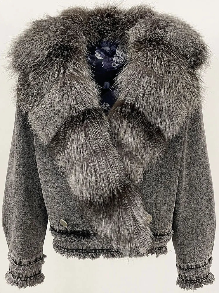 OFTBUY 2025 Veste d'hiver Femmes Natural Fox Fur Denim Veste Femme Feme Short Real Real Fur Streetwear Fashion Clothing 250920