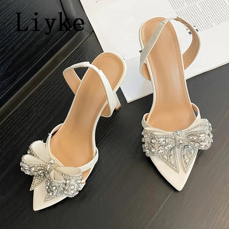 Liyke sexy slingback sandals femmes fashion d'été strass Bowknot er talons hauts fête des chaussures de bal zapatos mujer250920