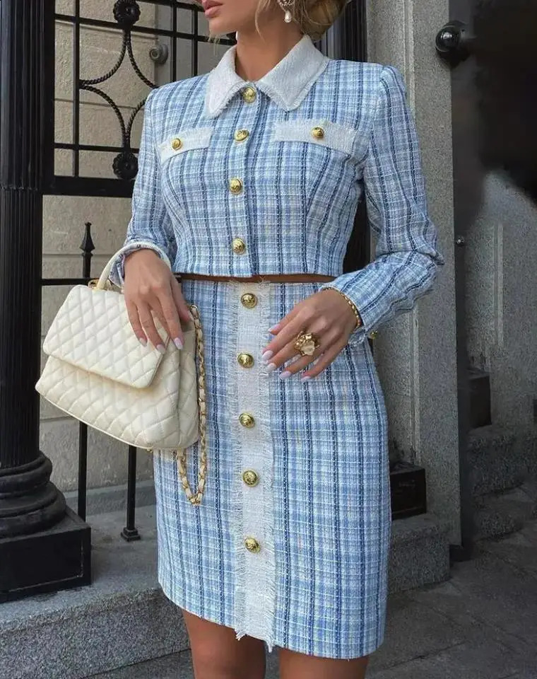 Elegant Women Skirt Set Solid TurnDown Collar Tweed Buttoned Coat High Waist Slim Fit Knee Length Office Lady Skirt Set 250920