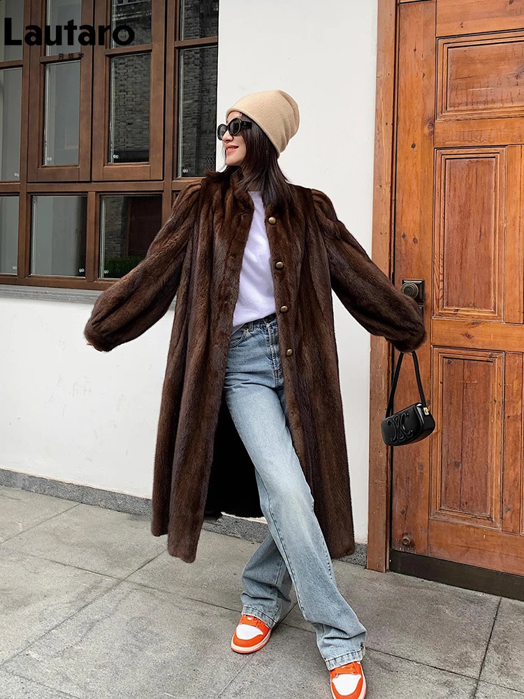 Lautaro Winter Long Brown Thick Warm Soft Faux Mink Fur Coat Women Puff Sleeve Elegant Chic Fluffy Furry Overcoat 250920