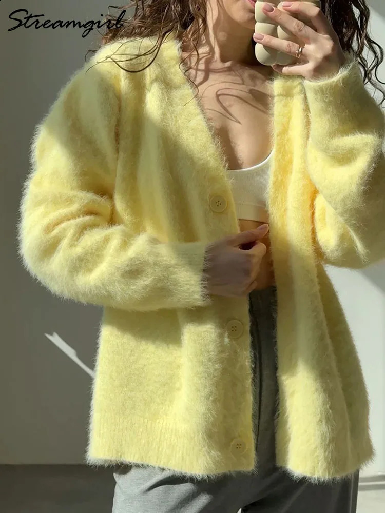 Mink Cardigan For Women Autumn Thick Knitted Jackets Yellow Oversize Cardigans Ladies Black Women Knitted Coat Velvet 250920