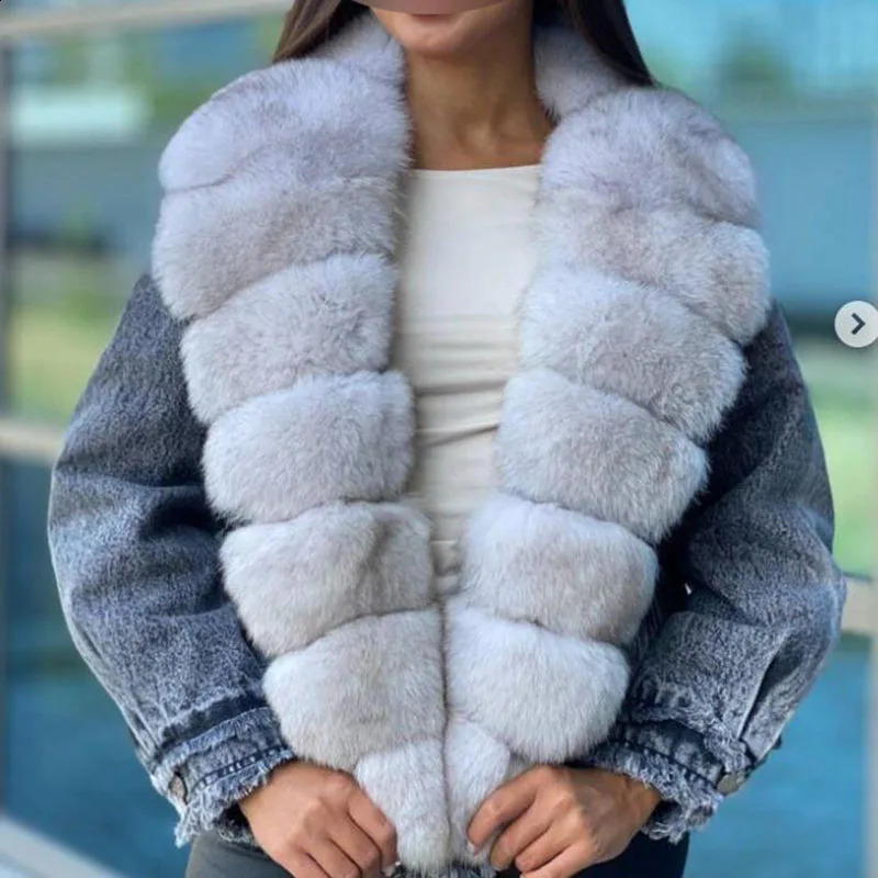 Denim Coat with Real Large Fox Fur Collar for Women Furry Jacket Fluffy Suit ious Brown and Yellow Coat Winter Fashion 250920
