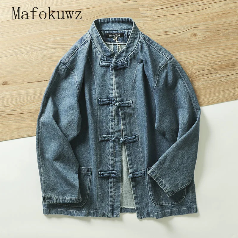 Chinese Style Stand Collar Button Denim Jackets Mens Loose Casual High Street Personality Jacket Men Overcoat Male Clothes 250920