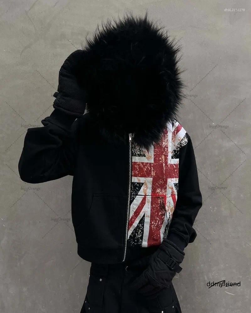 Men's Hoodies Black Printed National Fur Collar Oversized Hoodie Men Street Retro Clothing High Trendy Brand Zipper Sweatshirt ddmyfriend