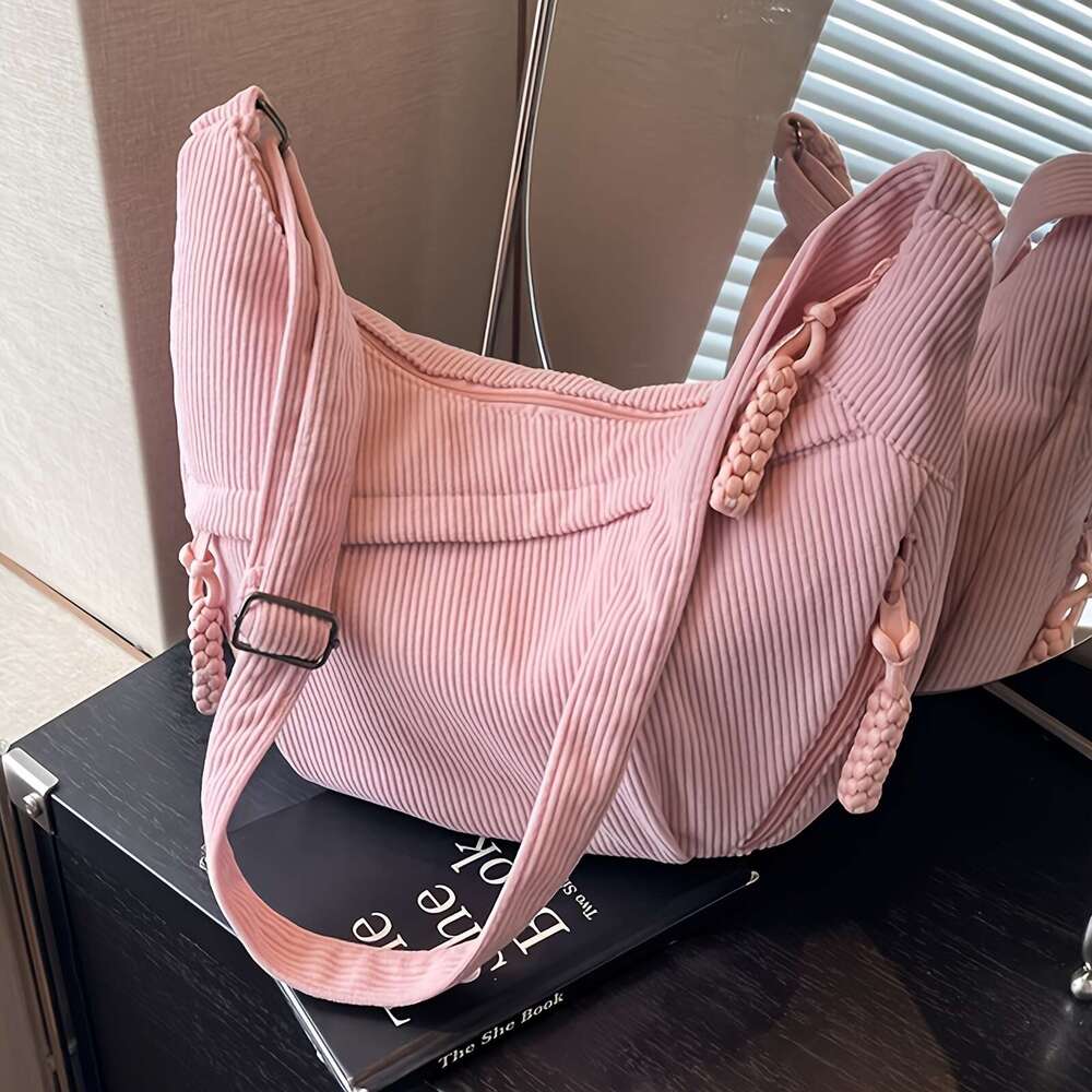 Women's Fashion Corduroy Crescent Bag - Adjustable Shoulder Strap, Zipper Closure, Solid Color