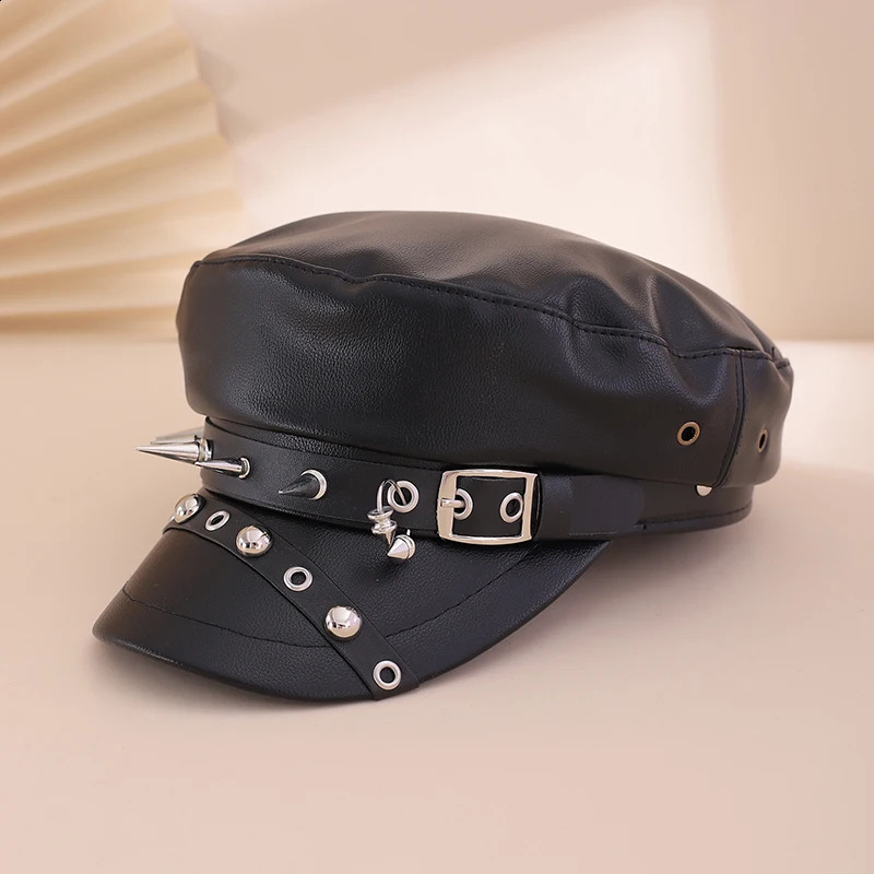 Black PU leather rivet belt buckle trendy Y2K flattop sboy cap for daily shopping and gatherings 250920