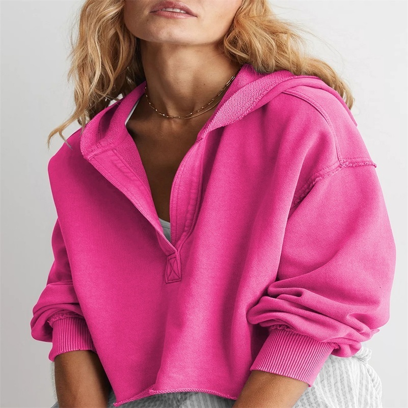 Fashion Womens Spring Autumn Hooded Sweatshirt Long Sleeve Solid Color V Neck Crop Hoodie 250920