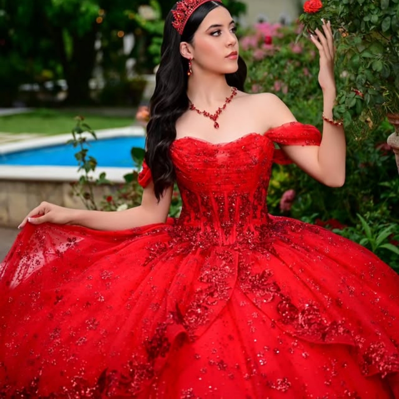 Red Quinceanera Robes hors de l'épaule Applique de dentelle perle Tull Party Birthday 16 Viens de robe Vestidos de 15 anos