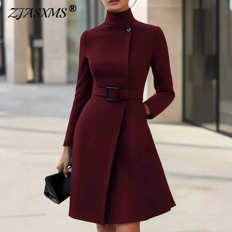 Autumn Winter Turtleneck Solid ALine Dress Elegant Button High Waist Pocket Office Dress Woman Long Sleeve Casual Party Dresses 250920