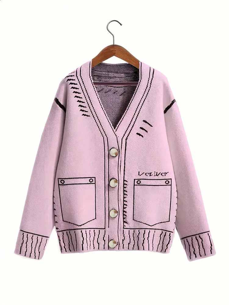 plus Size Womens ButtonUp Cardigan Autumn Winter Fine Line Pattern Knit Coat Stylish Outerwear for Fall 2025 250920