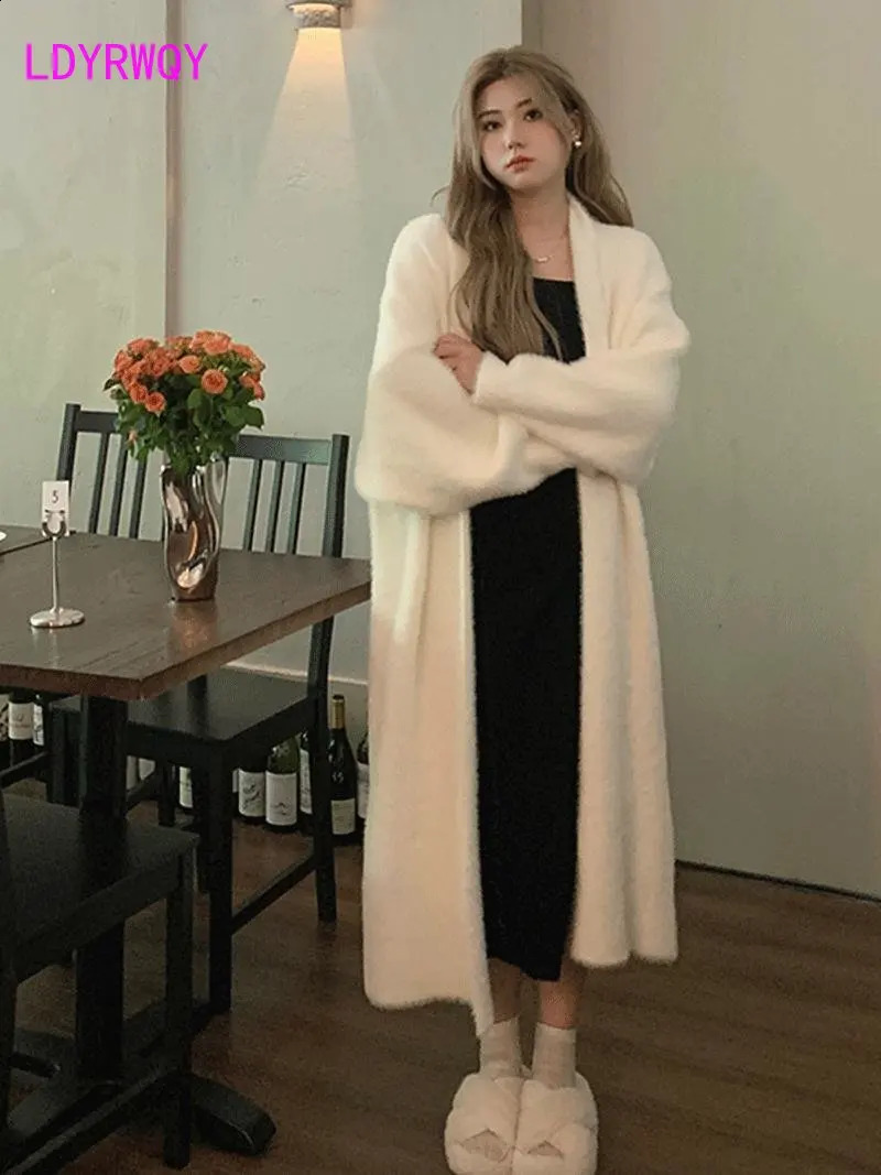 White knit cardigan sweater female autumn winter languid lazy wind mink cashmere long 250920