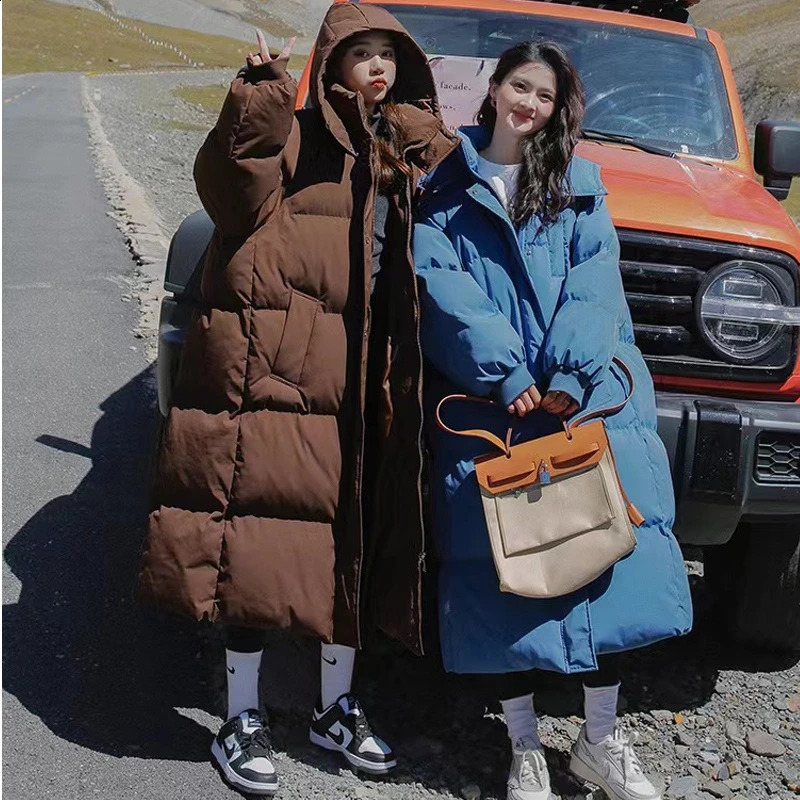 Long Thickened Down Cotton Bread Style Coat Womens Winter 2025 Outerwear Korean Loose Long Knee Length Solid Hooded Jacket 250917