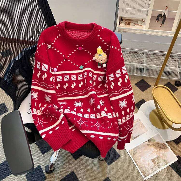 Christmas 2024 Autumn And Winter New High-End Niche Loose American Retro Lazy Style Christmas Round Neck Sweater Top For Women