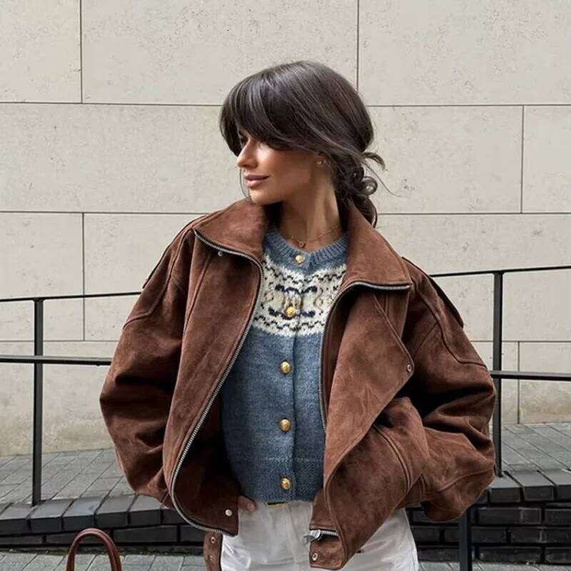 Chic Brown Faux Suede Cropped Casual Coat Vintage Lapel Solid Zipper Short Jacket 2025 Autumn Woman New Padded Shoulder Jackets 250912