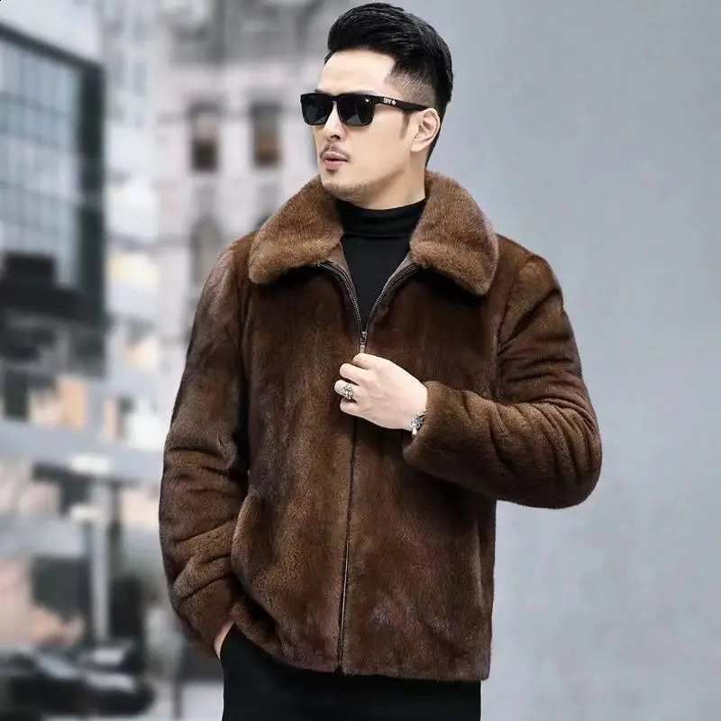 Winter Faux Fur Coat Men Warm Thick Jacket Mid Length Outerwear Soft Plush Shearling Style Elegant Fashion Casual Tops 250920