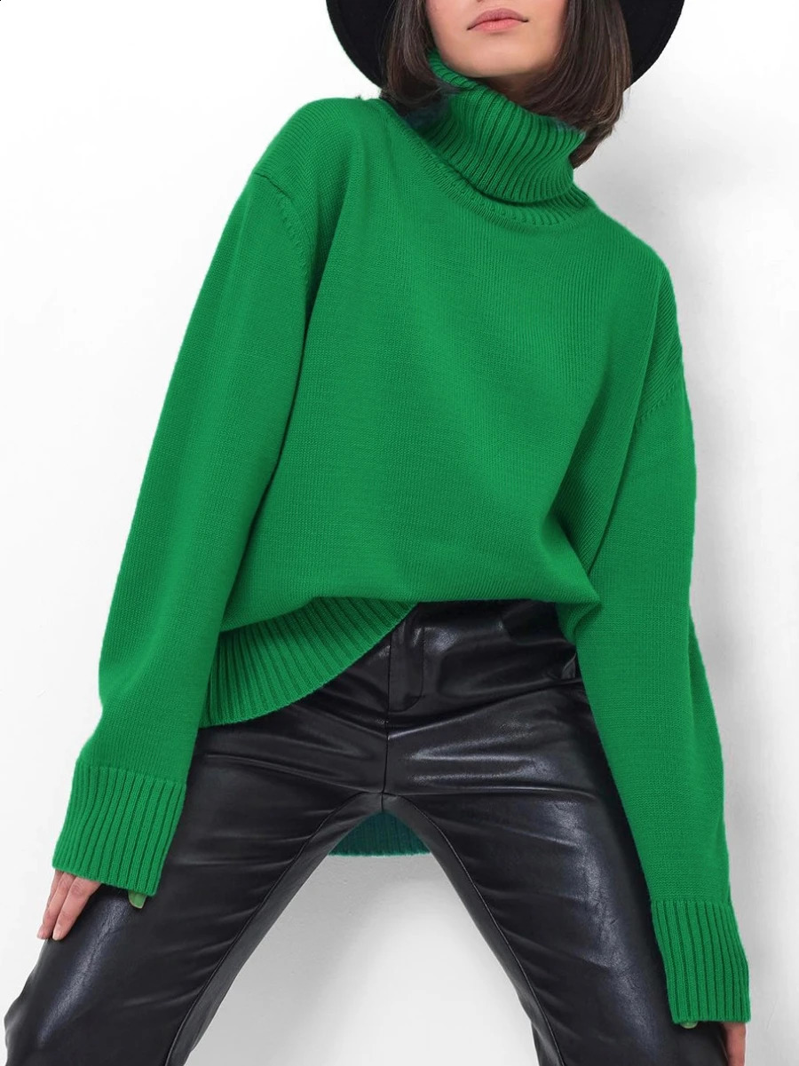 Blubelle Womens Autumn Winter Solid Color Turtleneck Knit Pullover Sweater Trendy Loose Fit Minimalist Fashion Casual Top 250920