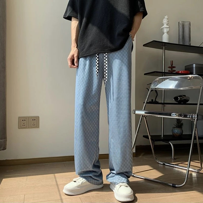 Thin Summer Plaid Ice Silk Loose Casual Straight Pants Man Baggy Slacks Sale Classic in Streetwear Vintage Trousers for Men 250920