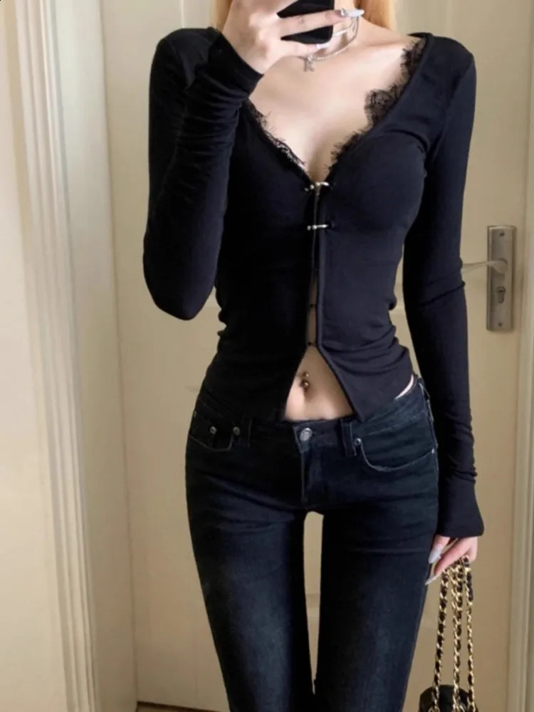 Black Lace Patchwork Tricoted Cardigans Femmes Streetwear Fashion Y2K Coats esthétiques coréens Vintage Solid Sexy Crop Top All Match 250920