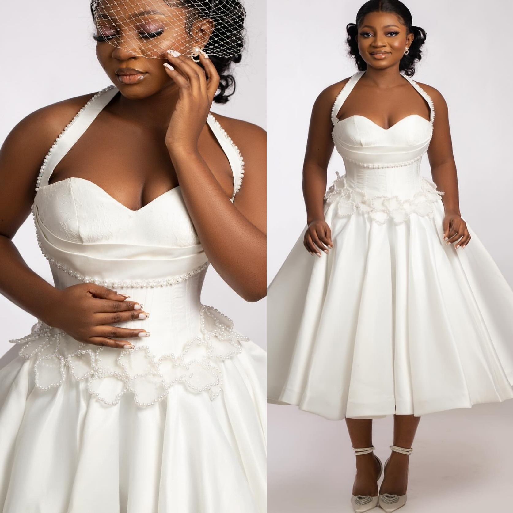 2025 Aso Ebi Plus Size White Civil Wedding Dress Halter Pearls Satin Flowers Tea Length Bridal Gowns Dresses ZJ053